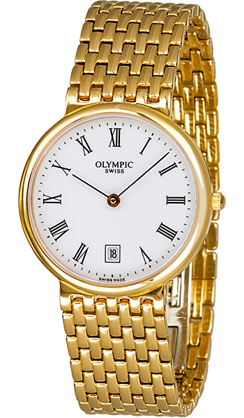 Olympic Gents Gold Genuine Swiss Made Watch White Dial - Click Image to Close