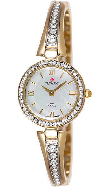 (RETIRED) Olympic Ladies Gold Plated Stone Set Watch Pearl Dial - Click Image to Close